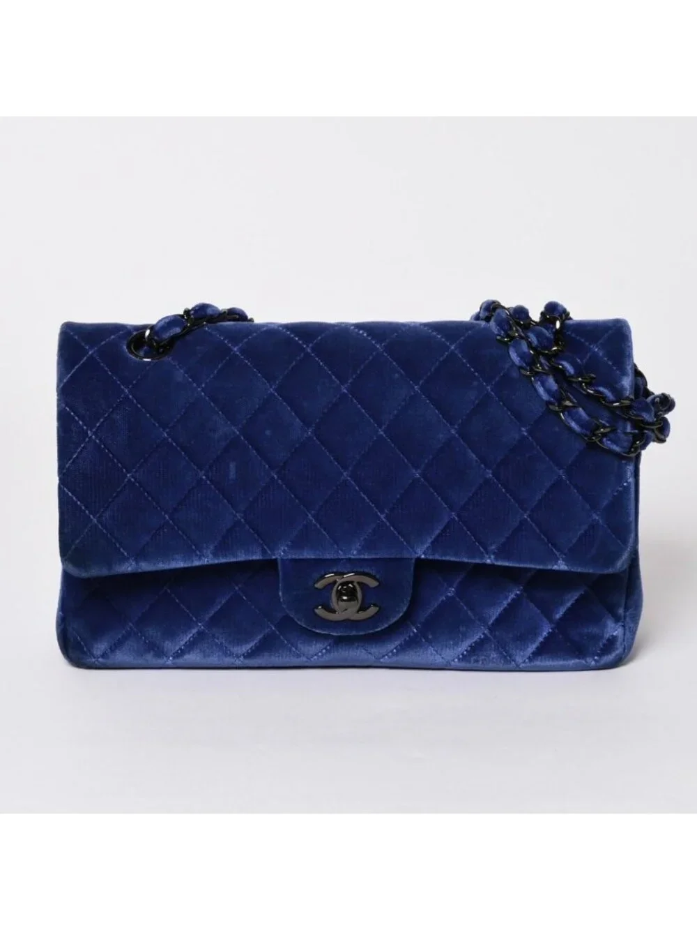 Chanel Quilted 25 Shoulder Bag Double Flap Velour Blue Black